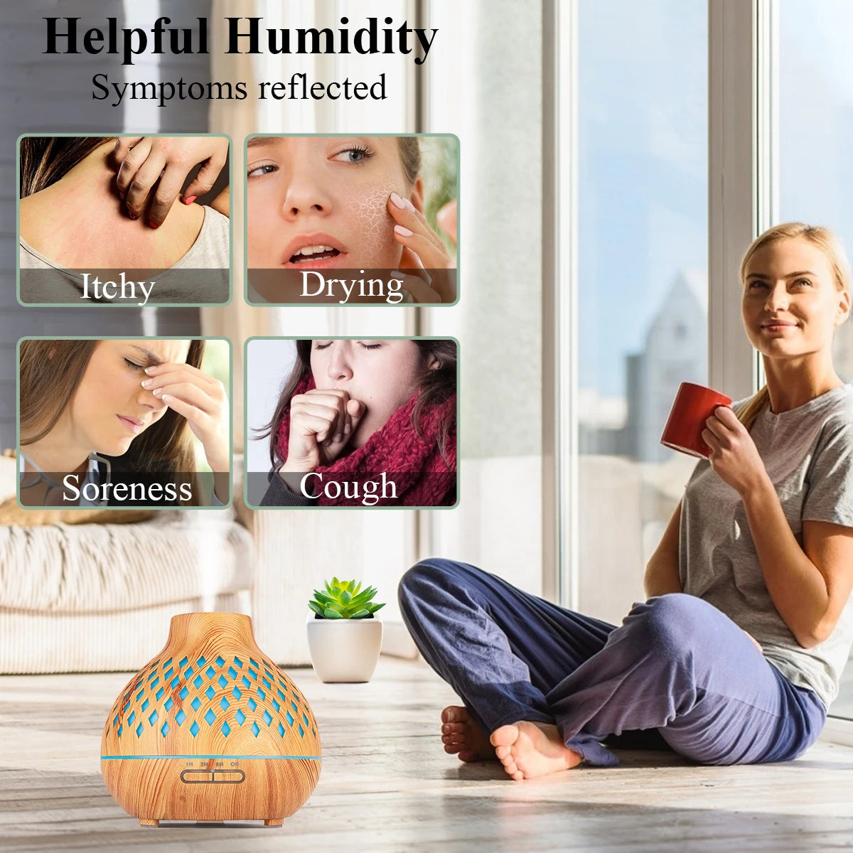 500ML Aromatherapy Essential Oil Diffuser Wood Grain Remote Control Ultrasonic Air Humidifier Cool with 7 Color Lights for Home