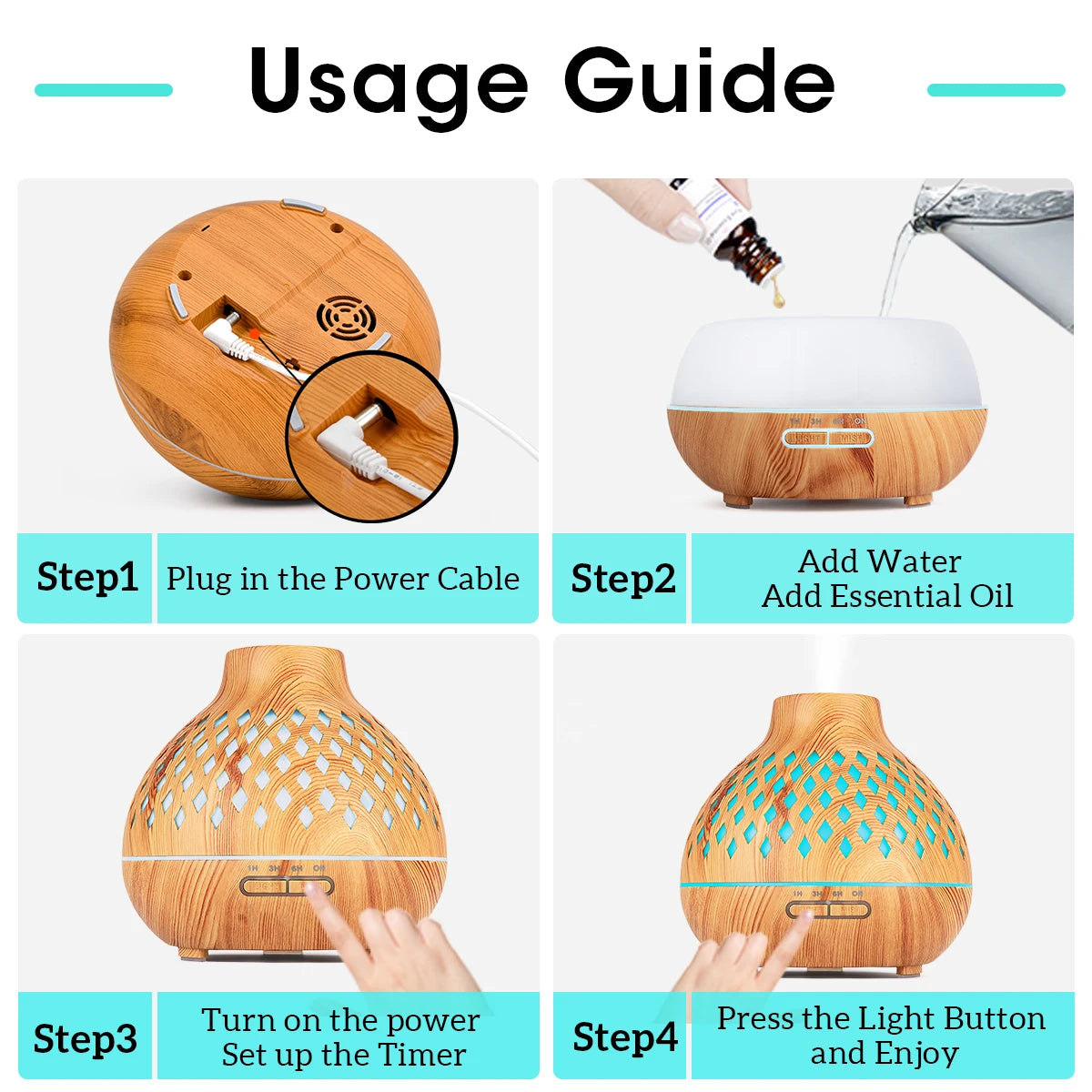 500ML Aromatherapy Essential Oil Diffuser Wood Grain Remote Control Ultrasonic Air Humidifier Cool with 7 Color Lights for Home