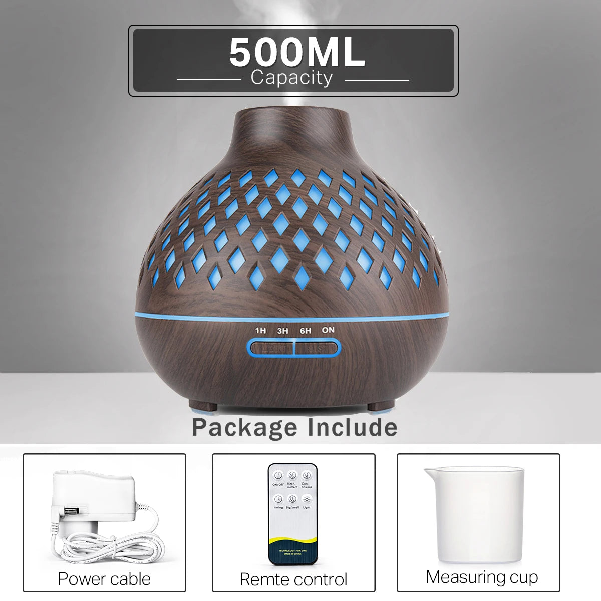500ML Aromatherapy Essential Oil Diffuser Wood Grain Remote Control Ultrasonic Air Humidifier Cool with 7 Color Lights for Home