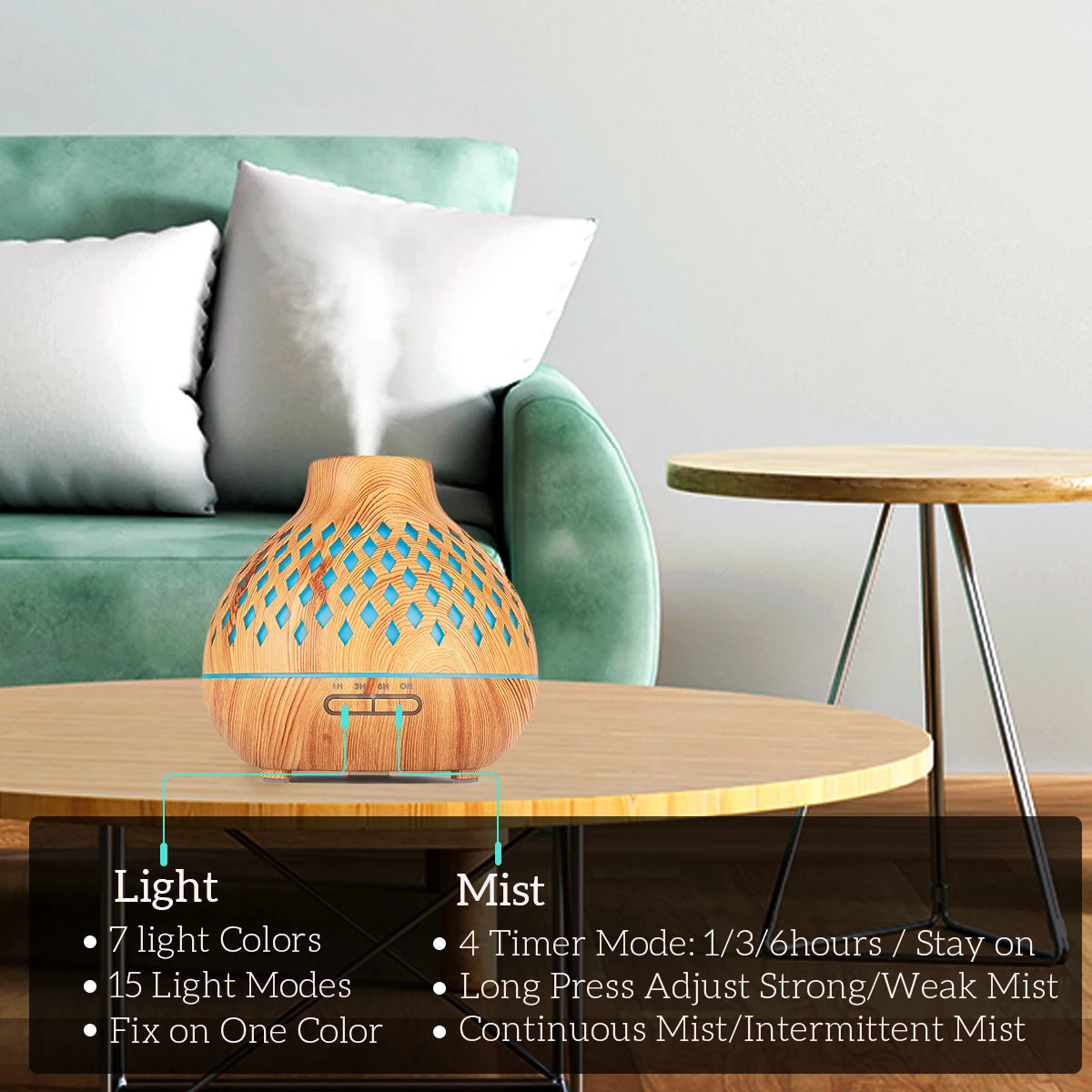 500ML Aromatherapy Essential Oil Diffuser Wood Grain Remote Control Ultrasonic Air Humidifier Cool with 7 Color Lights for Home
