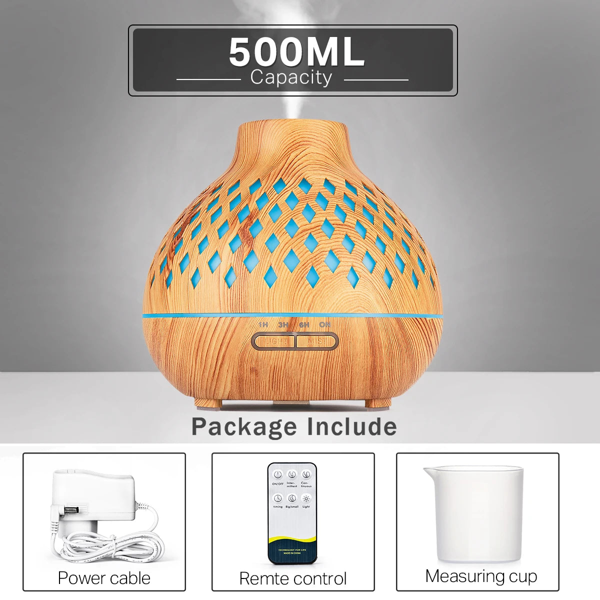 500ML Aromatherapy Essential Oil Diffuser Wood Grain Remote Control Ultrasonic Air Humidifier Cool with 7 Color Lights for Home