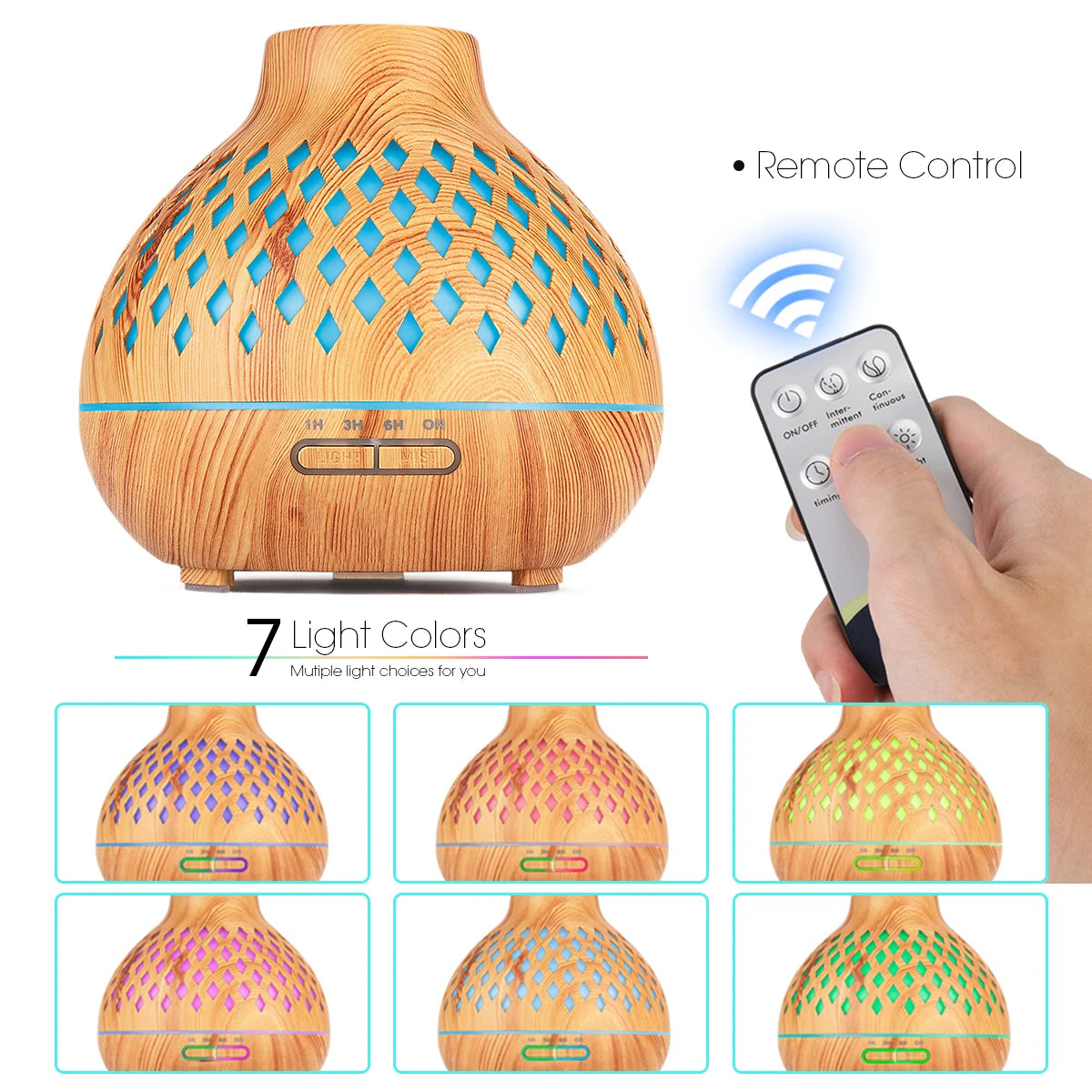 500ML Aromatherapy Essential Oil Diffuser Wood Grain Remote Control Ultrasonic Air Humidifier Cool with 7 Color Lights for Home