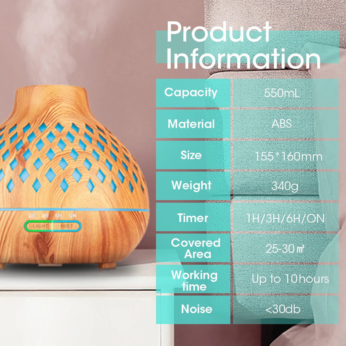 500ML Aromatherapy Essential Oil Diffuser Wood Grain Remote Control Ultrasonic Air Humidifier Cool with 7 Color Lights for Home